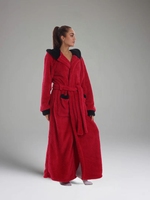 Peignoir de couple festif et chaud à capuche, rouge et noir contrastant, avec bordure en sherpa, long et moelleux, idéal pour hôtel, spa, maison, vacances, douche