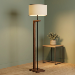 Lampe de sol moderne en bois avec abat-jour blanc en forme de tambour, design minimaliste E26 LED pour salon et chambre à coucher - Product Image 4