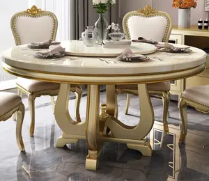 European Style Light Luxury Solid Wood Round Dining Table With 6 Chairs Combination