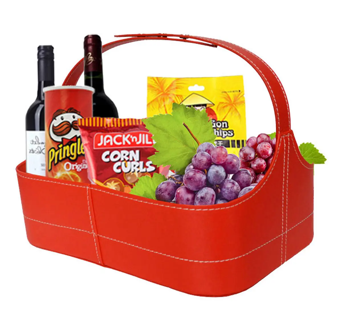 Red cowhide leather storage basket gift basket Christmas red wine storage basket