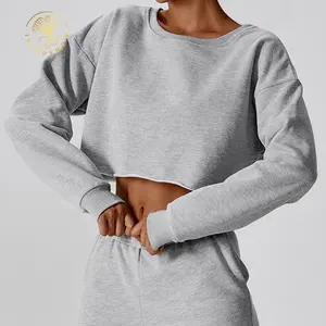 Benutzer definierte Sport bekleidung Frauen Fitness Weiß Rundhals Langarm Bluse Active wear Übergroße Crop Tops Workout Sweatshirt Für Frauen