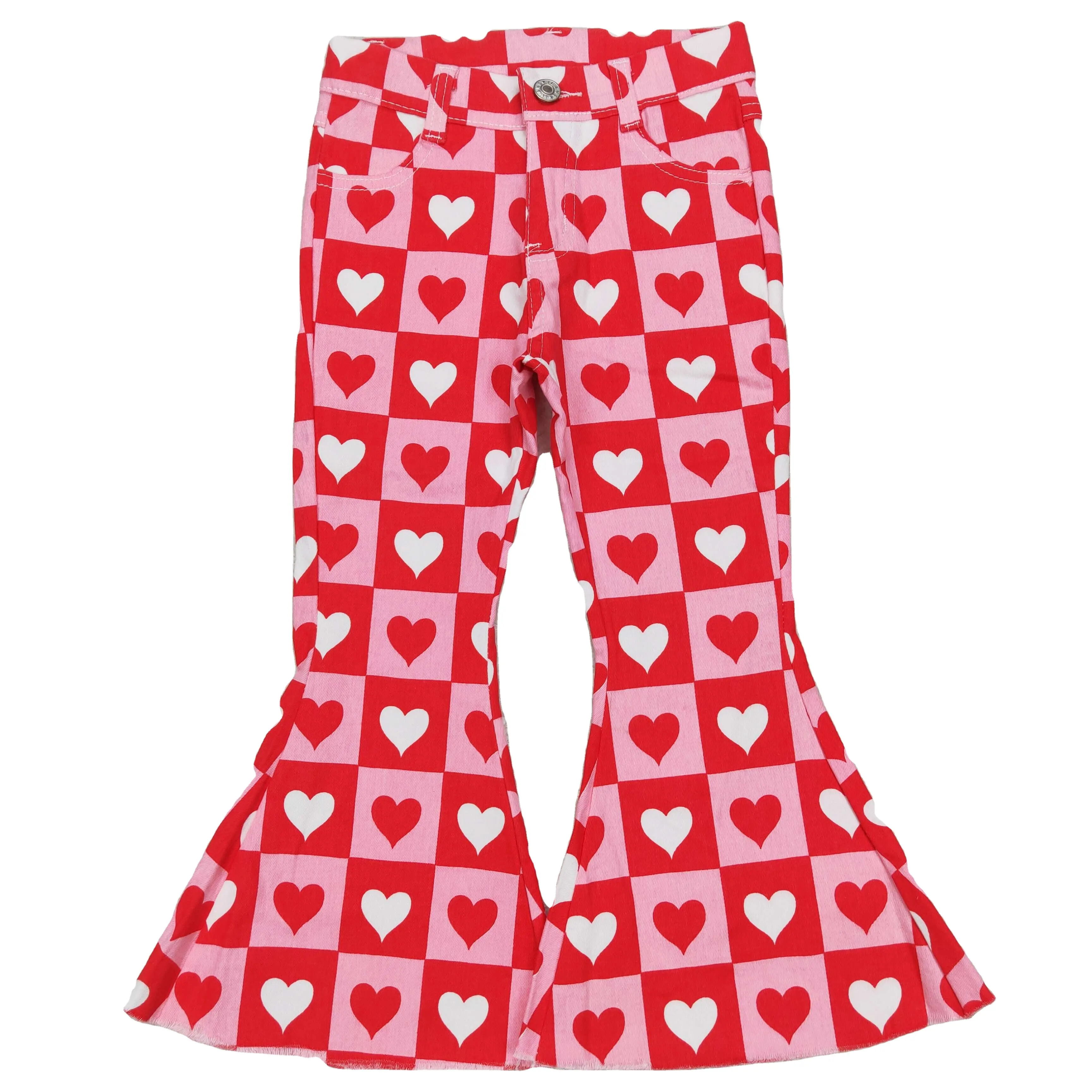 RTS NO MOQ幼児女の子服女の子ベルボトムジーンズ幼児バレンタインデー服ハートジーンズ