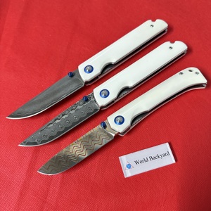 Phiên Bản Mới Trâu Xương Xử Lý Màu Xanh Pivot Ngón Tay Cái Stud Damascus Gấp Dao PU Pouch Dây Buộc Lỗ Với Quà Tặng Trường Hợp Pocket Dao - Product Image 5