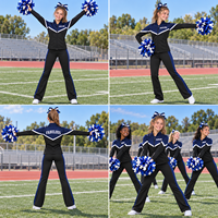 Ensemble d'entraînement de cheerleading anti-choc personnalisé bleu marine et noir, veste à fermeture éclair intégrale et pantalon évasé, imprimé inaltérable pour entraînement d'équipe