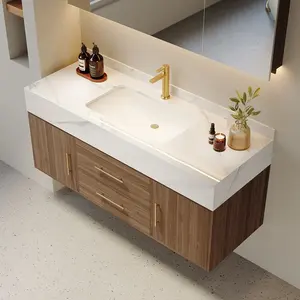 Modern 39" Walnut Wall Mounted Bathroom Vanity Cabinet Stone Top Wholesale Hot Bathroom Vanity Design