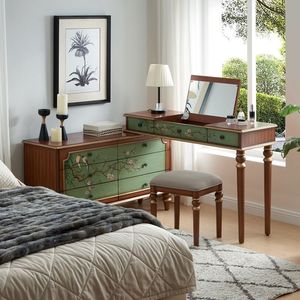 Retro <b>Dressing</b> <b>Table</b> With Mirror And Stool Green Painted Wood Makeup <b>Vanity</b> Desk Combination For Bedroom Adult Use - Product Image 2