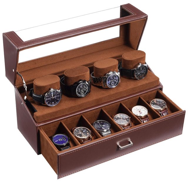 Men's 10-Slot Eco-Friendly Dustproof Watch Display Stand with Leather Case and Velvet Lining Rectangle Shape