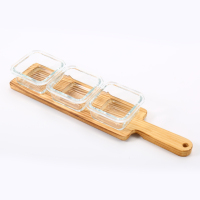 Ensemble de 4 bols de service modernes en verre transparent chauffables avec plateau en bois de pin pour apéritifs, sauces, collations, fêtes, maison, restaurant