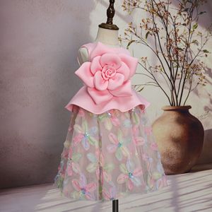 Gaun Bunga Mewah Khusus Warna Pink untuk Ulang Tahun Pertama, Gaun Pesta Tulle Putri dengan Bunga 3D untuk Pemotretan Bayi dan Pertunjukan - Product Image 5