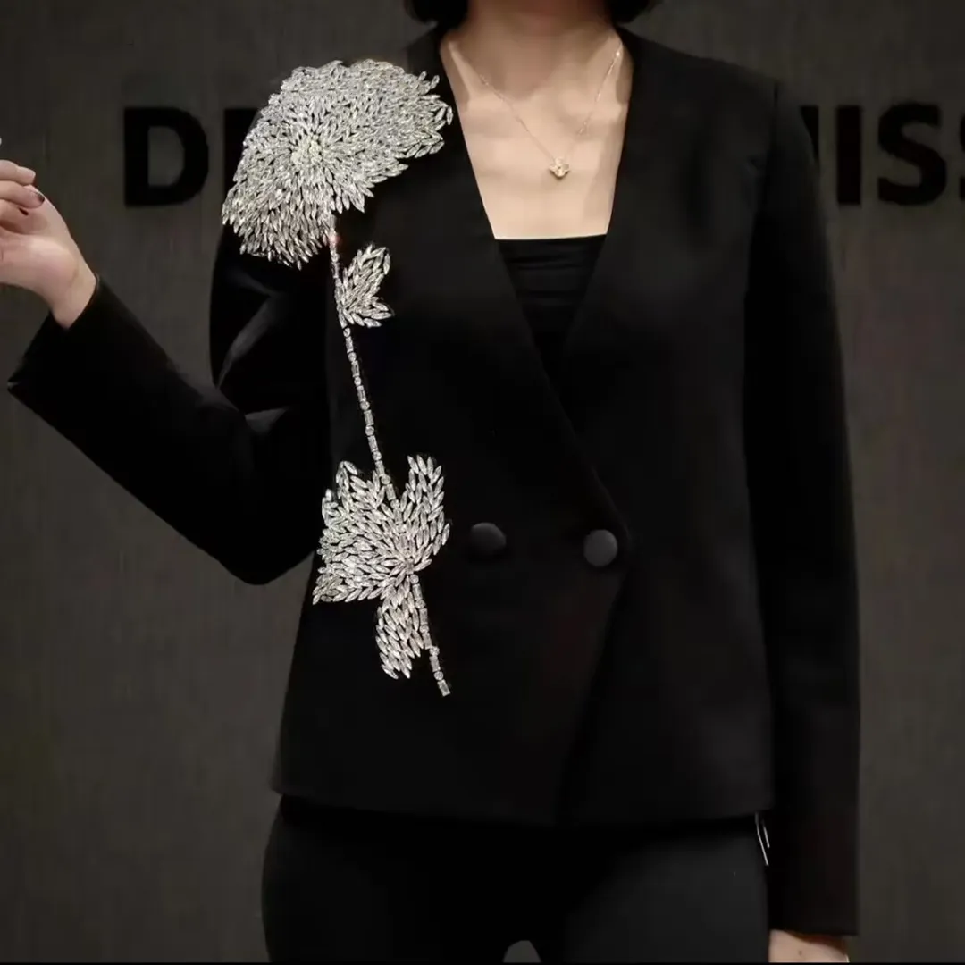 Özel Logo kadın çift göğüslü noel partisi blazers high-end özel kristal kelebek takım elbise ceket