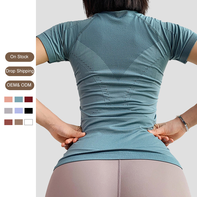 Custom Logo Fitness Wear Gym Sports Active Tops Sweat-Wicking Quick Drying Short Sleeve Womens Seamless Yoga T-Shirt