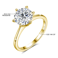 Bague de mariage pour femme en or 14K rempli, sertie d'un moissanite solitaire rond de 3 carats à six griffes, vente en gros d'usine, personnalisation logo/nom