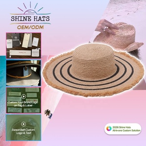 หมวกสานทรงโบตเตอร์ลายขอบรุ่ย รุ่น OEM Shinehats ปี 2026 สำหรับผู้หญิง สวมใส่ได้ในฤดูร้อน ชายหาด  ลายทางสีดำ  พร้อมปักโลโก้ตามสั่ง - Product Image 1