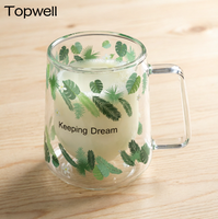 Tasse à café en verre à double paroi TOPWELL 330 ml, design moderne, résistante à la chaleur, motif feuille transparent, fabriquée en Chine