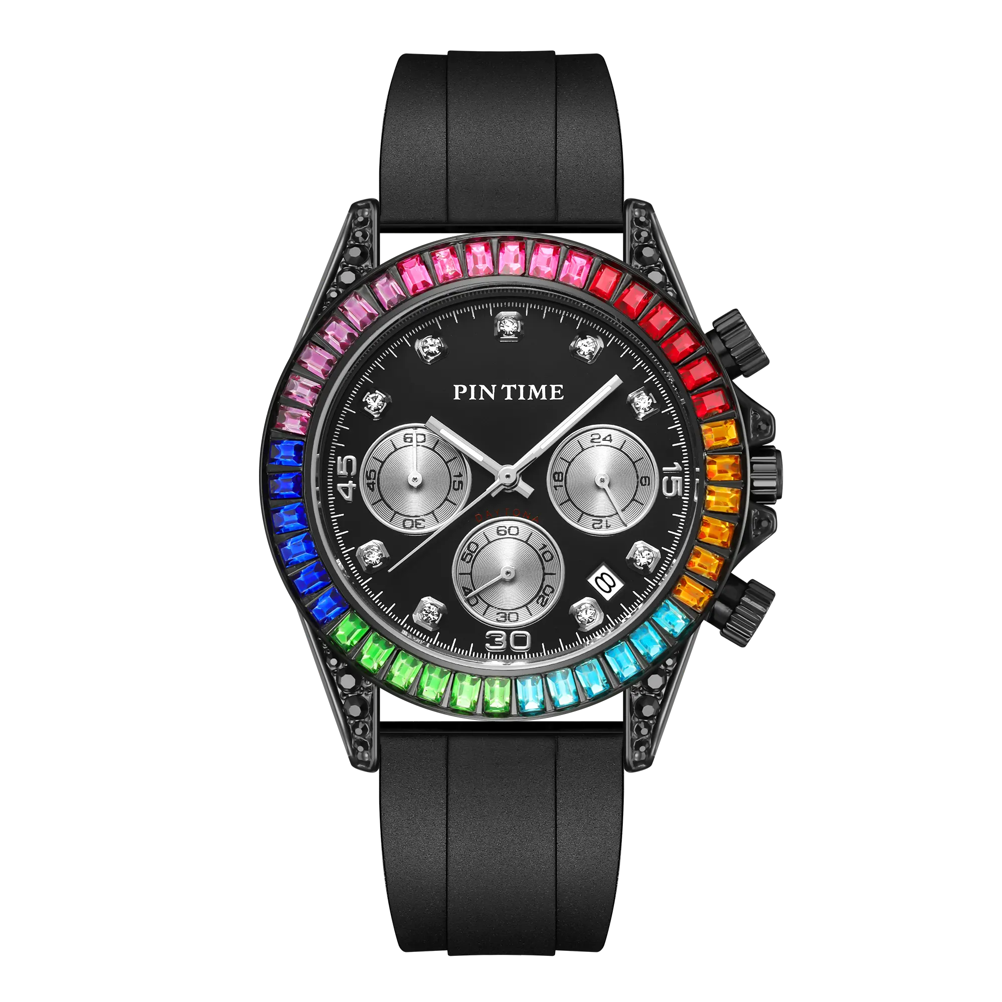 PINTIME 2022 New Black Diamond Set Men Calendar Watch Silicone Band Luxury Quartz Wristwatches Custom Logo