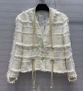 Oudina jaqueta e casacos femininos, modernos, corrente de pérolas, elegante, com franja
