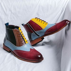 Bottines pour hommes à blocs de couleur en cuir véritable à lacets, bout pointu, tendance mode toutes saisons, style patchwork - Product Image 1