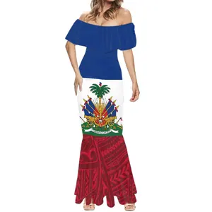 Wholesale Custom Haiti Flag Evening Dresses 2023 Women's Long Fishtail Lady Party Mermaid Dress Cheap Off Shoulder Maxi Dresses