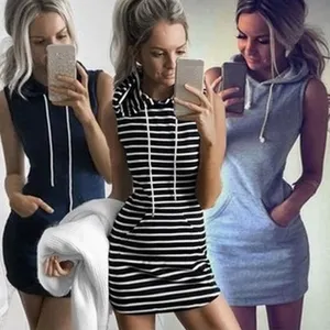 Fashion Baju Wanita Seksi Tanpa Lengan Bergaris Pullover Gaun Musim Panas Sweatshirt Kasual Ramping Gaun Hoodie Pensil Bodycon