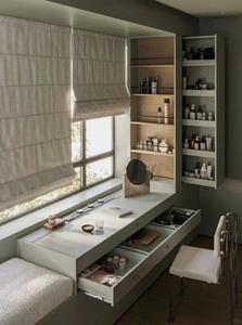 <strong>Bedroom</strong> Floating <strong>Vanity</strong> <strong>Unit</strong>, with Dark Wood Pillars and Open Shelves LED Decorative Lights - Product Image 5
