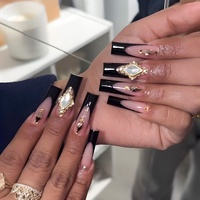 O9 Faux ongles à presser style français long œil de chat avec strass pour doigts, haut de gamme, prêts à poser, vente en gros