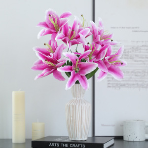 Bouquet de lys artificiels 9 têtes, fleurs en soie et plastique rose, faites à la main pour la décoration de la maison et des mariages - Product Image 3