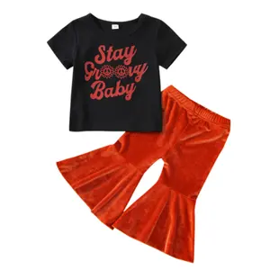 부티크 키즈 의상 소녀 의류 셔츠와 빨간 벨벳 바지 세트 어린 소녀 2 개 벨 하의 아기 소녀 옷