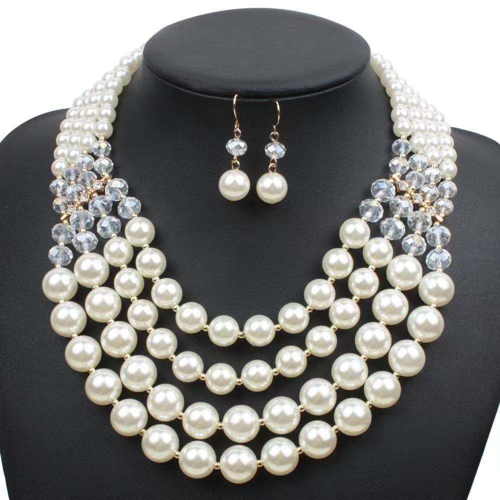 LUOXIN Wholesale High Quality Crystal Pearls Necklace Earrings Wedding  Jewelry Set