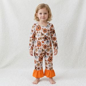 Barboteuse à imprimé floral pour bébés filles, manches longues, col rond, en coton, à volants, barboteuse d'automne - Product Image 1