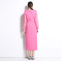 Robe fourreau élégante pour femme, mi-longue, col rond, manches longues, tissée unie, antistatique, infroissable, lavable, avec décoration florale et fente plissée