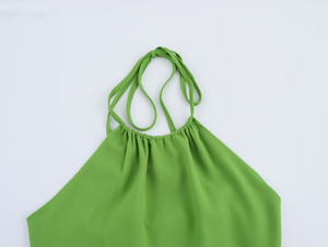 Vestido Largo Informal de Verano para Mujer, Estilo Halter, Verde, Cintura Hueca, Sin Mangas, Largo Maxi, Transpirable, Tejido, Diseño Sólido - Product Image 6