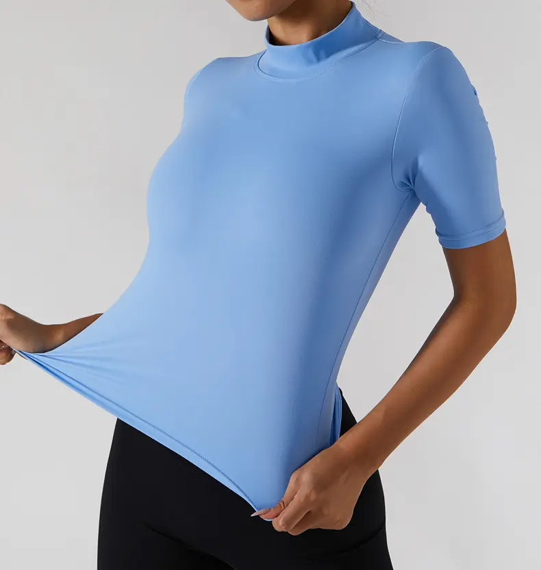 Высококачественная Женская однотонная высокоэластичная одежда для фитнеса футболка с высокой горловиной топы для йоги колготки для спортзала