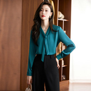 Women's White V-Neck Shirt With Ribbon Solid Color Chiffon Office Blouse Long Sleeve Fashion Top - Product Image 2