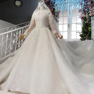 HTL909 robe de bal blanc robe de mariée perles de cristal simple à manches longues en dentelle robe de mariée