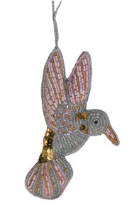 Ornement de Noël artisanal en velours de luxe, en forme d'oiseau rouge à poitrine rouge, orné de perles et de broderies Zari, avec paillettes et perles. - Product Image 3