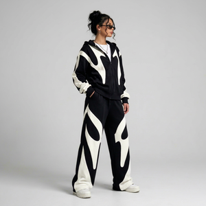 Conjunto Deportivo para Mujer, Negro y Blanco, Estampado Geométrico, Transpirable, Ligero, con Capucha, Cierre de Cremallera, Corte Holgado, Estilo Urbano - Product Image 1