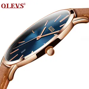 Hommes montres livraison directe OLEVS Quartz bracelet en cuir véritable minimaliste Ultra mince montres-bracelets étanche de haute qualité