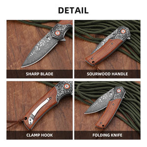 Couteau pliant de poche en acier Damas de qualité industrielle OEM, manche en bois, couteau de poche pour le camping en plein air - Product Image 4