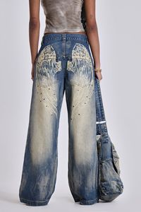 Señoras Casual Old Gradient Wing Print American Retro Loose Wide Leg Denim Desgastado Lavado Cintura media Temporada de verano Logotipo frontal - Product Image 6