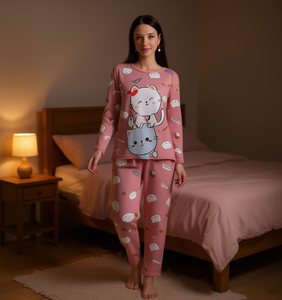 ชุดนอนผ้าฝ้ายผสมใยไผ่สำหรับผู้หญิง ลายการ์ตูนแมวน่ารัก แขนยาว คอกลม กางเกงขายาว นุ่มสบาย - Product Image 2