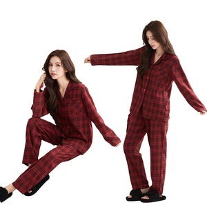 Christmas <strong>Thermal</strong> Pyjamas Family Gift Set Red Checkered Brushed Cotton V-neck Button <strong>Long</strong> <strong>Sleeves</strong> 180g Twill Casual <strong>Women</strong> Spring - Product Image 1