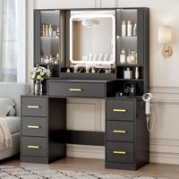 Miroir de maquillage LED en chêne noir ODM/OEM avec éclairage, coiffeuse moderne avec station de charge, 7 tiroirs, armoire en verre pour chambre et hôtel