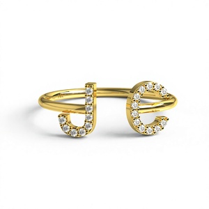 18K Gold Plated Two <b>Initial</b> <b>Ring</b> Pave Diamond Letter J C Alphabet Open Adjustable <b>Ring</b> Monogram Name Bypass Band Fine Jewelry - Product Image 1