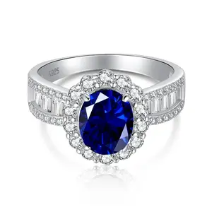 Wholesale 925 Sterling Silver 18K Gold Plated 7X9 Blue High Carbon Diamonds Zircon Rings Women Men Jewelry