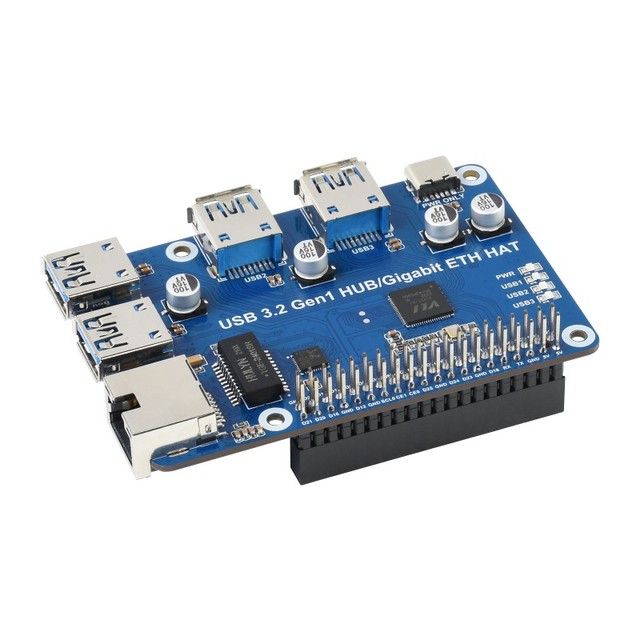 SKU-20472 Waveshare USB 3.2 Gen1 and Gigabit Ethernet HUB HAT for Raspberry Pi Compatible Boards 3 Ports USB Hub with Netwo