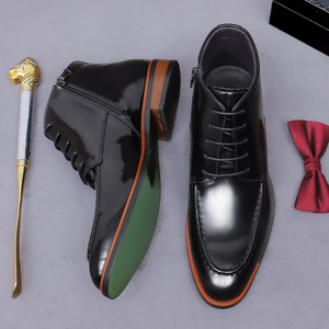 Men's handmade lace-up formal pointed-toe leather boots with shiny zipper, short boots, cowhide high-top men's <b>shoes</b> - Product Image 4