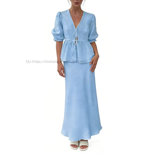 Conjunto de 2 Piezas para Mujer - Top con Mangas Abullonadas y Falda Midi, Atuendo Casual, Ropa de Mujer, Moda - Product Image 4