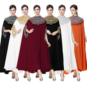 Vestido tipo capa maxi de chifón tejido lavable con cuello alto, cintura holgada, pedrería natural y cuentas, en 6 colores sólidos, ideal para verano. - Product Image 1