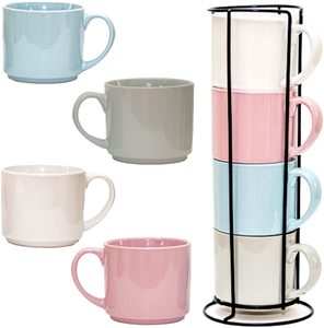 Wholesale Custom 16 oz Stackable Ceramic Glaze <strong>Stacking</strong> Gift Coffee <strong>Mug</strong> <strong>Set</strong> of 4 with Metal Rack - Product Image 1
