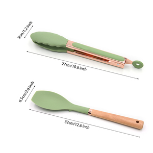 13 ustensiles de cuisine en silicone avec manche en bois, support en <span class=keywords><strong>plastique</strong></span>, <span class=keywords><strong>pince</strong></span> alimentaire, louche à soupe, cuillère à <span class=keywords><strong>spaghetti</strong></span>, fouet à œufs, spatule à crème - Product Image 4